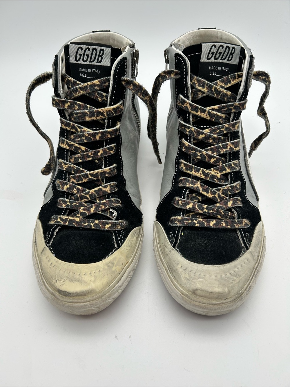 Golden Goose Women's Black & White High-Top Sneakers with Leopard Laces 39